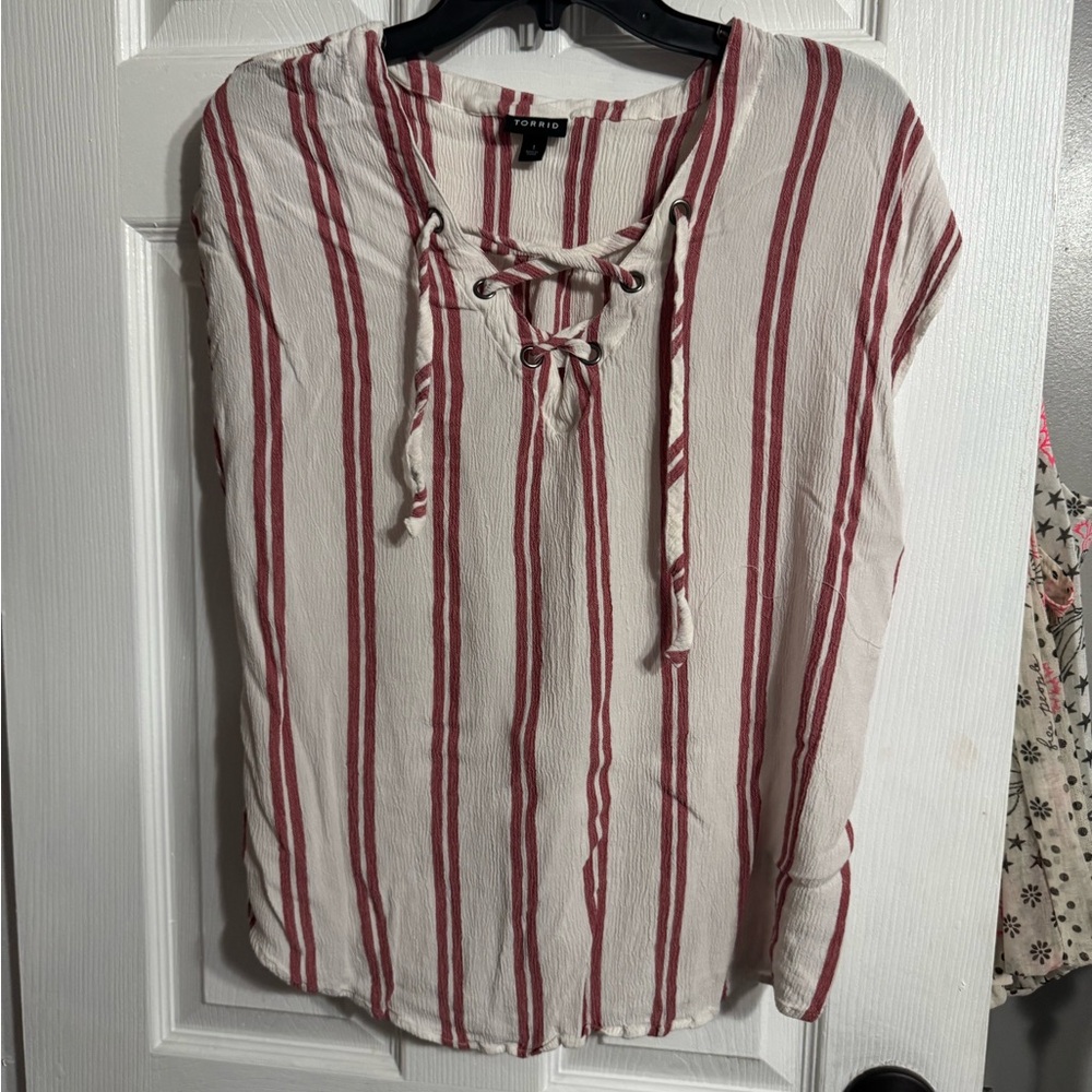 Striped Lace-Up Women's Top - Red and White